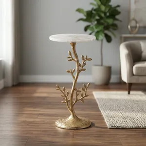 Modern <b>Round</b> Marble Top Side <b>Table</b> with <b>Gold</b> Branch Metal Base Decorative Accent Furniture for Living Room Bedroom - Product Image 3