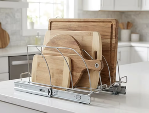 Organizador extraíble de 3 niveles de acero inoxidable para tablas de cortar, platos y tapas de ollas con deslizadores metálicos para almacenamiento - Product Image 3