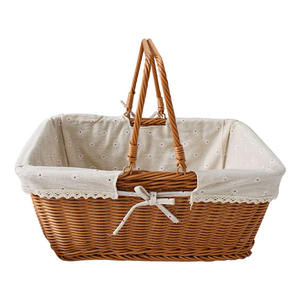 Rattan Picnic <b>Basket</b> Double Lids Butterfly Opening <b>Rectangular</b> Handwoven Wicker <b>Storage</b> Hamper Removable Daisy Floral Fabric - Product Image 4