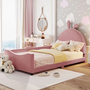 Divano letto imbottito rosa a una piazza e mezza con testiera a forma di orecchie di coniglio per letti per bambini - Product Image 1
