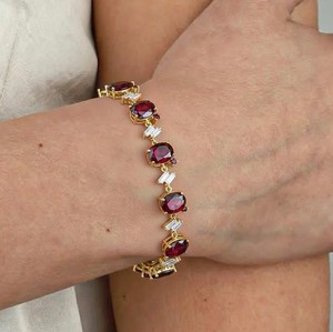 Oval Cut Lab Grown Ruby <b>Charm</b> Bracelet 925 Sterling Silver Gold Plated Elegant July Birthstone Luxury Red Gemstone Jewelry - Product Image 3