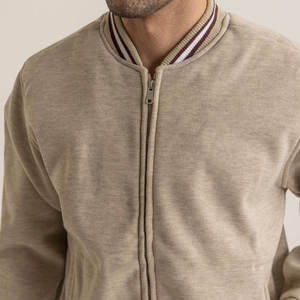 Blouson Bomber Homme en Toile Tricotée Beige Col Montant Boutons Cachés Logo Avant Automne Décontracté - Product Image 4