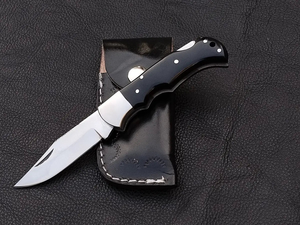 Custom Handmade D2 Steel Folding Pocket Knife Classic Lockback Hunting Knife with Black Horn Handle and Genuine Leather Sheath - Product Image 4
