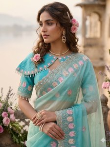 Sari en satin doux Fendy avec bordure richement travaillée, sari de créateur pour les fêtes avec détails brodés, sari en satin pour les soirées - Product Image 5