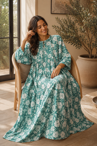 Robe longue unie vert sarcelle à col en V pour femme, style bohème, coupe ample évasée, manches longues, idéale pour les fêtes, écologique, 100 % coton, pour l'été et les vacances. - Product Image 5