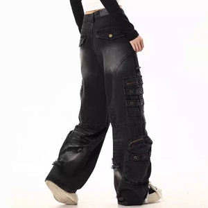 Vaqueros Cargo de Mujer Vintage Personalizados de Cintura Baja y Pierna Ancha, Lavados, de Ajuste Holgado, Transpirables, Estilo Urbano, Pantalones de Mezclilla de Verano - Product Image 2