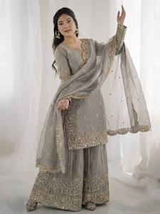 Embroidered <b>Silk</b> <b>Kurta</b> Palazzo Dupatta Set for Women - Product Image 3