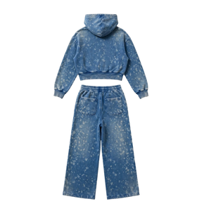 Ensemble de survêtement deux pièces décontracté pour femme, noir délavé, hiver, avec sweat à capuche court zippé et pantalon large à cordon de serrage, 100% coton molletonné - Product Image 2