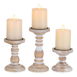 Venta de fábrica portavelas de pilar de madera Juego de 3 portavelas de madera de mango blanco rústico para velas de pilar para decoración del hogar - Product Image 1
