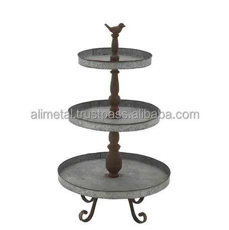 3-Tier Round Silver Metal Tray Stand mit Brown Iron Bird Skulptur Griff & Scrolled Feet Farm house Tisch dekoration Metall Servieren
