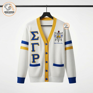 Vêtements grecs pour femmes, cardigan blanc et bleu Sigma Gamma Rho, manches longues, tricoté, col en V, style preppy, fermeture à boutons - Product Image 1