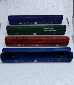 Mango <b>Wood</b> Coloured Sun Moon Brass Inlaid Incense Sticks Box <b>Burner</b> Wholesale Supplier From India - Product Image 1