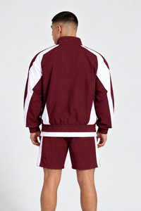 Wholesale Men's <b>Burgundy</b> Windbreaker Jacket And <b>Shorts</b> Set Custom Sportswear Tracksuit With White Panel Casual Lightweight Set - Product Image 2