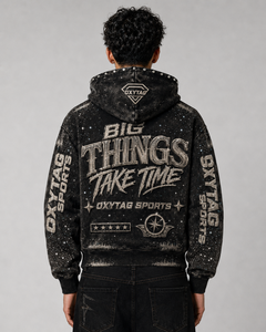 Sweat à capuche zippé en molleton épais avec strass et délavage acide, imprimé graphique, style punk streetwear Y2K pour homme - Product Image 5