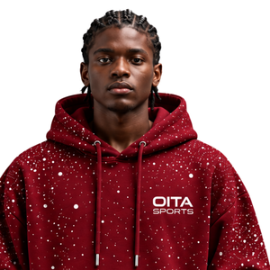 Burgundy <b>White</b> Speckled Print <b>Men</b> Pullover Hoodie Oversized Fleece <b>Sweatshirt</b> Drawstring Hood Kangaroo Pocket Casual Wear - Product Image 3