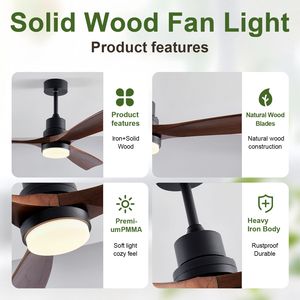 Ventilador de Techo de Madera de 52 Pulgadas con Luz y Control Remoto, Motor de CA para Interiores y Exteriores, 3 Aspas - Product Image 3