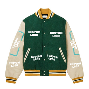 Customized Logo <b>Men's</b> Green Varsity <b>Jacket</b> Cotton Polyester Casual Turn-down Collar Button Front Embroidered Patchwork Design - Product Image 2