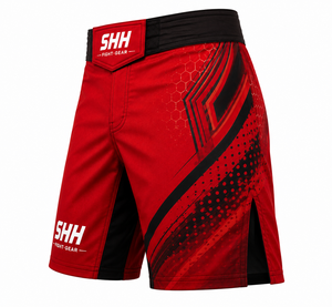 Shorts de combat MMA personnalisés pour hommes, rouge et noir, imprimé à rayures géométriques, ceinture réglable en velcro, fentes latérales, entraînement de grappling BJJ - Product Image 3