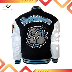 Blouson universitaire avec manches en cuir PU, épaules tombantes, col montant brodé, coupe oversize - Product Image 2