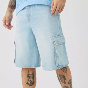 Custom <b>Men's</b> Raw VIRAL DENIM Baggy Jorts Distressed Hem Embroidered Washed <b>Jeans</b> <b>Men's</b> Shorts for Sale - Product Image 2