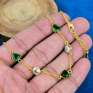 สร้อยคอประดับควอตซ์สีเขียวและเพชร CZ ชุบทอง 18k บนตัวเรือนเงินแท้ 925 - Product Image 1
