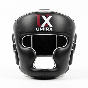 Protège-tête de boxe intégral en cuir réglable avec canal auriculaire en cuir de vachette, noir avec passepoil blanc, pour MMA et Kickboxing, personnalisable - Product Image 4