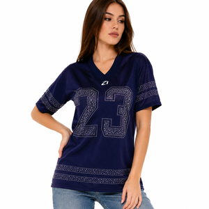 Y2K Streetwear Women's Luxury Rhinestone Mesh American Football Jersey V Neck Oversized Fashion Sports <b>Top</b> OEM ODM Wholesale USA - Product Image 1