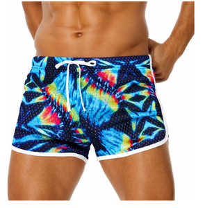<b>Men</b> Blue Geometric Tie Dye Print Board Shorts Mid Waist Drawstring Quick Dry Swim <b>Trunks</b> Casual Style - Product Image 3
