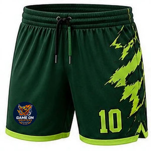 Shorts de sport sublimés pour homme, couleur vert uni, 100 % polyester, anti-humidité, avec cordon de serrage, coupe athlétique, vert avec numéro 10 - Product Image 1