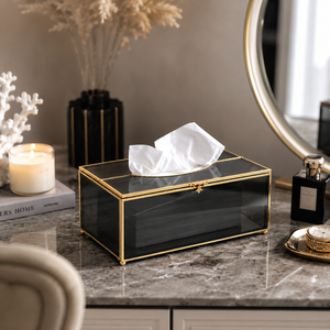 Luxury Smoked Glass Tissue <b>Box</b> Holder Gold Metal Frame Decorative Tissue Case for Home Office Hotel Bathroom <b>Vanity</b> Décor - Product Image 2