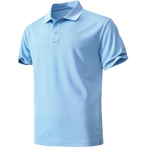 Polo bleu clair à manches courtes 100% coton piqué tricoté décontracté boutonné couleur unie coupe classique - Product Image 1