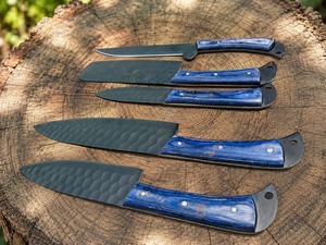 Ensemble de 5 couteaux en acier Damas, manche bleu, lame martelée, couteaux de cuisine à bord droit - Product Image 4