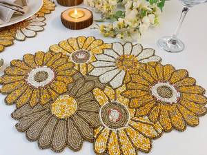 Handmade Luxury Eco-Friendly Beaded Placemat 17x12 Inch Sunflower Floral <b>Dinner</b> <b>Mat</b> for Home Use - Product Image 1