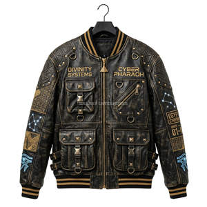 Blouson en cuir personnalisé Cyberpunk Anubis, style bomber vieilli, brodé, streetwear, pharaon égyptien, punk, motard, pour homme - Product Image 1