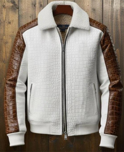 Veste pour homme en cuir de vachette gaufré et plaqué, col montant, logo frontal, pour l'hiver - Product Image 4