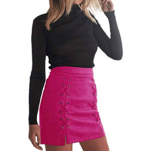 Minifalda ajustada de gamuza sintética con cordones y cintura alta clásica para mujer, color rosa intenso - Product Image 6