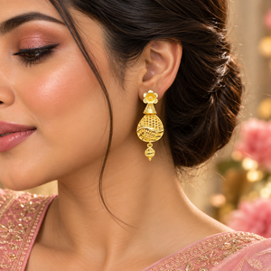 Collier pendentif artisanal en filigrane avec boucles d'oreilles |   Ensemble de bijoux ethniques indiens plaqués or |   Ensemble de bijoux de mariage et de cérémonie - Product Image 2