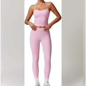 Pink Two Piece Yoga Set High Waisted Leggings Crisscross Strap <b>Crop</b> <b>Top</b> Seamless Full Length Spandex Polyester - Product Image 5