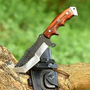 Cuchillo de caza hecho a mano de acero al carbono con mango de madera y funda de cuero, para exteriores y camping, con espiga completa de alta calidad. - Product Image 5
