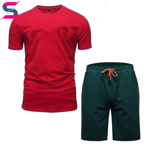 Good Selling Easy To Wear Men's Summer Casual Crew Neck Solid Color Knitted Quick Dry T-<b>Shirt</b> & Shorts Set Orange Navy Blue - Product Image 4