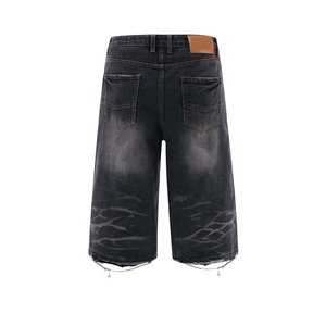 Shorts en jean déchirés et délavés pour homme, taille mi-haute, coupe droite, style décontracté d'été, en coton noir - Product Image 4