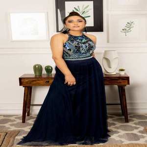 Women Navy Blue Embroidered Halter Neck Tulle Long Gown Party Wear Designer Dress | Elegant Evening, Wedding Wear, India Export - Product Image 3