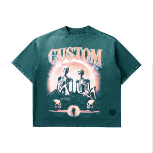 T-shirt vintage pour homme, effet délavé, avec strass, impression graphique personnalisée, coton lourd, coupe oversize, effet usé. - Product Image 4