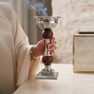 <b>Silver</b> Metal Tall Incense <b>Burner</b> Featuring Dark Wooden Bowl Upper Section Accent Ideal For Modern Traditional Arabic Decoration - Product Image 2
