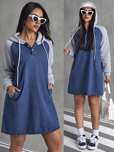 Wholesale Women's Casual Vintage Knee-Length Color-Blocked Letter Plain Dyed Drawstring Hooded Pocket Knit Denim Dress - Product Image 4