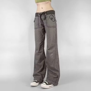 Jeans de mezclilla de tiro bajo, rectos, transpirables, ecológicos, lavados, vintage, lisos, para mujer, con efecto desgastado, con cordón ajustable, casuales - Product Image 3