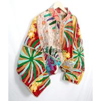 Veste Kimono Bohème Kantha Unisexe en Coton Matelassé Respirant Imprimé Patchwork Fait Main, Motif Floral Vintage, Printemps Hiver