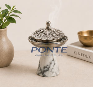 Natural Marble Incense Burner With Metal Lid Elegant Antique Style Bakhoor Burner For <b>Home</b> Fragrance Premium Silver Plated - Product Image 2