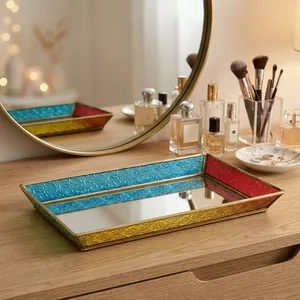 Rectangular Metal Storage <b>Tray</b> with <b>Mirrored</b> Lacquered Finish in Blue Red <b>Gold</b> for Desk & Living Room Organization Modern Design - Product Image 1