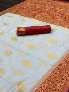 Sari en soie douce Banarasi de créateur avec blouse non cousue BLANCHE pour mariage FABRIQUÉ EN INDE 50087 - Product Image 4
